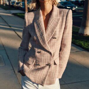 ZARA - Double Breasted Textured Weave Pink Jacket - SZ L - BNWT
